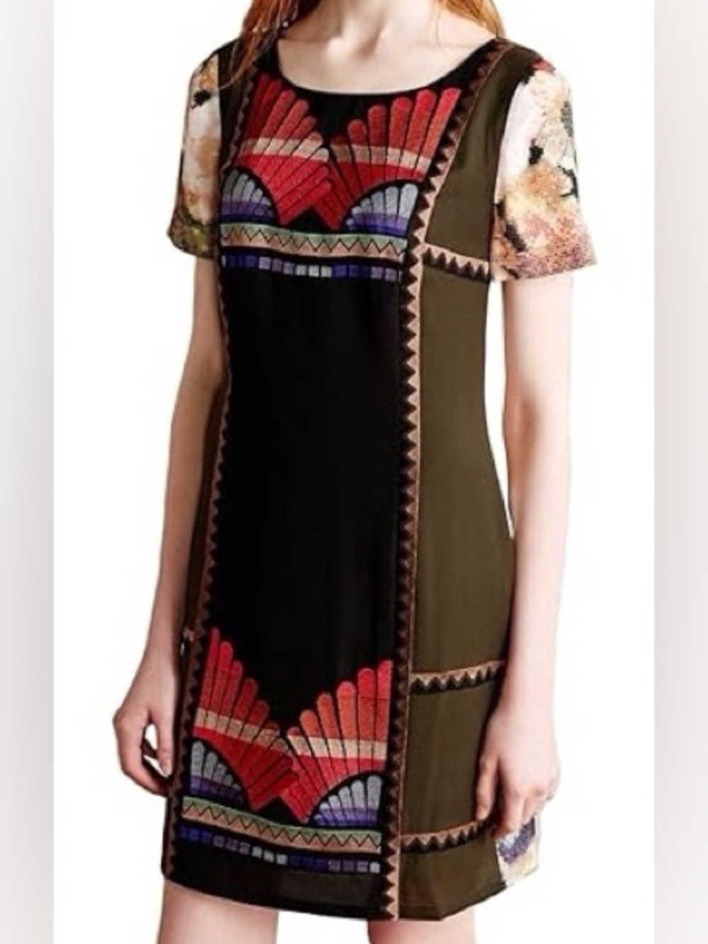 Ranna Gill Black Dress with Red Floral Appliqué and Multicolor Trim Size 2